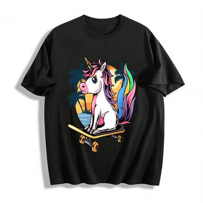 Cute Unicorn Skateboarding Vacation Style Printed Casual T-Shirt Pure Cotton T-shirt