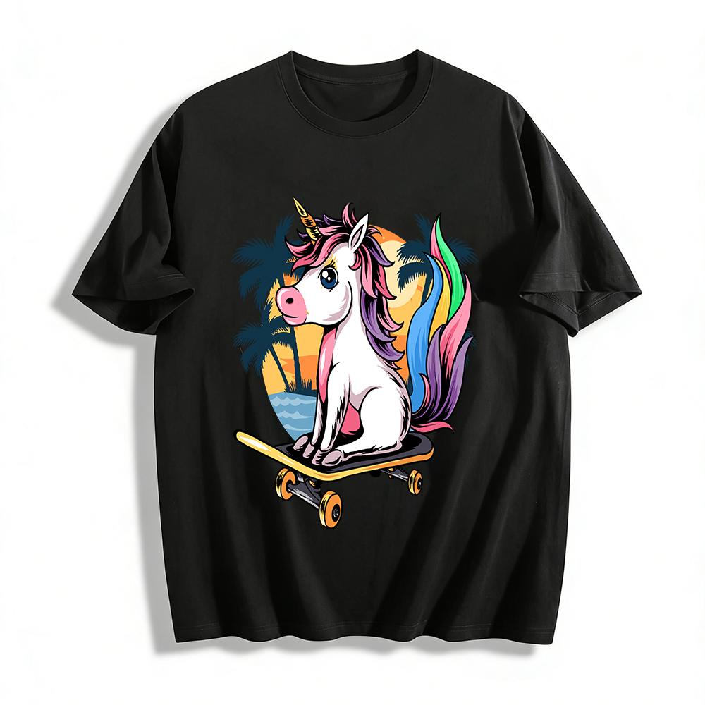 Cute Unicorn Skateboarding Vacation Style Printed Casual T-Shirt Pure cotton T-shirt XXS