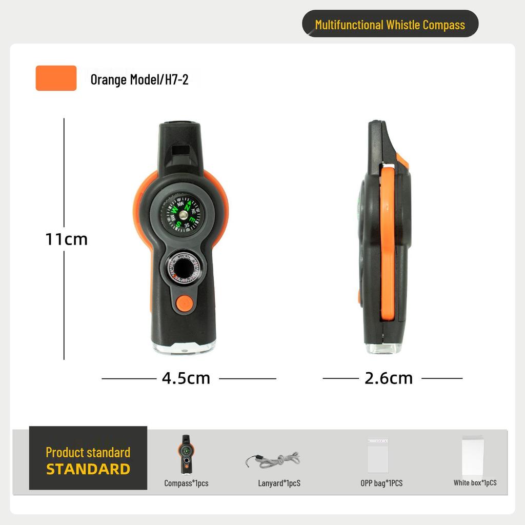Multifunktionaler Outdoor-Kompass: 7-in-1 Studenten-Lehrhilfe mit Pfeife, LED-Licht und Thermometer.