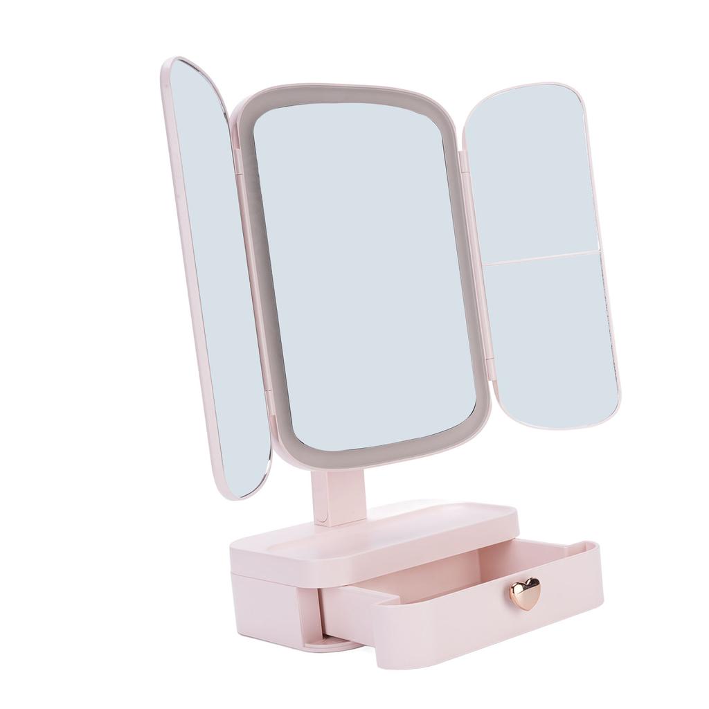 Desktop Lighted Makeup Mirror with Organizer 3 Color Temperature Dimming USB Rechargeable LED Light 