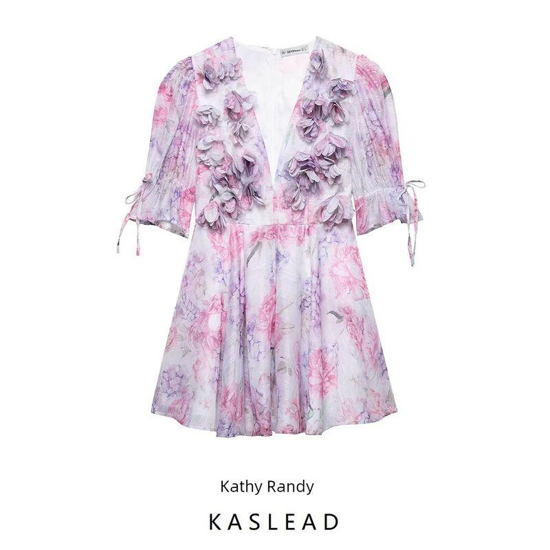 Kaslead New Women clothes Western Style Fashion Simple Chiffon Floral V-neck Short Dress