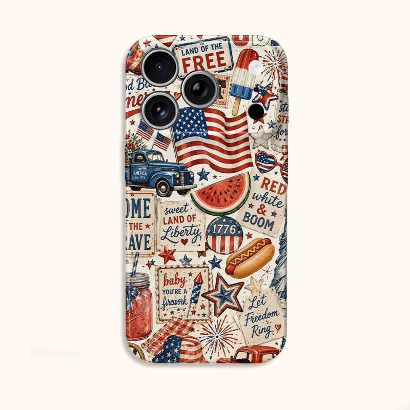 Red White Blue Scrapbook Flag Truck Hotdog Firework Art Film Aesthetic Protective Shockproof Bumper Case For iPhone 13 14 15 16 17 Pro Max Plus