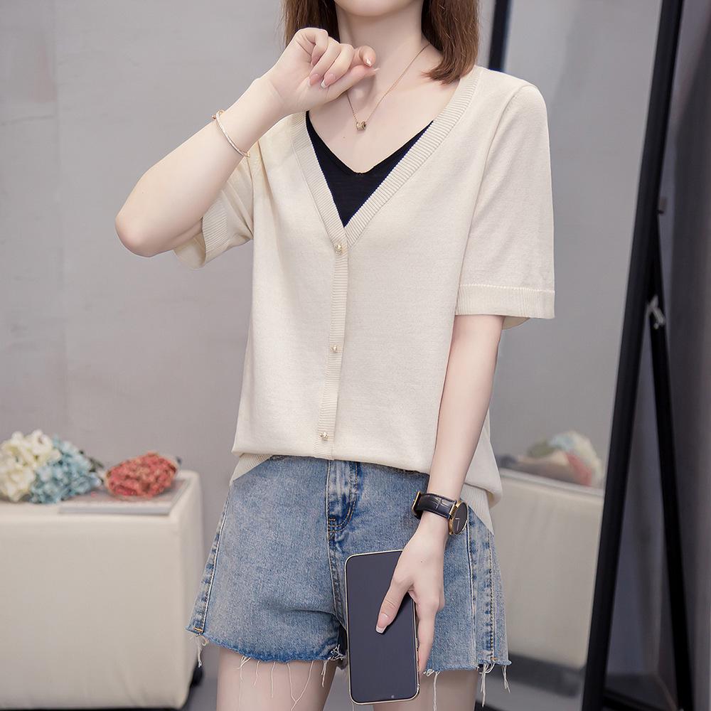 Plus Size Women's Summer Striped V-Neck Two-Piece Ice Silk Knit Top