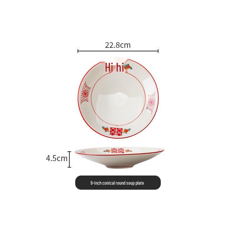 Set di Piatto Rotondo Rosso Ceramica Retrò Doppia Felicità - Piatto Basso, Piatto Piatto, Piatto per Hot Pot, Piatto per Carne, Piatto per Salsa e Piatto per Pesce per Tavola da Ristorante.