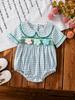 Sweet Korean Style Baby Bubble Romper, Pink White Plaid with Colorful Flowers, Newborn Summer Outfit