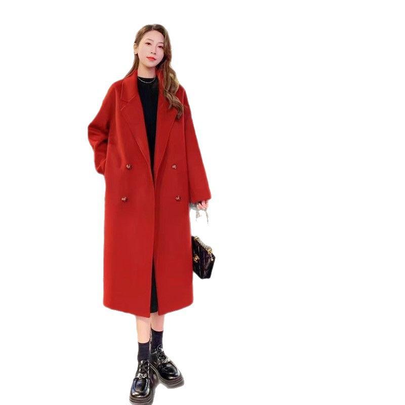 Damski Płaszcz Midi z Mieszanki Wełny z Klapami Szalowymi Dwurzędowy Luźny Elegancki Biurowy Chic Zimowa Odzież Wierzchnia