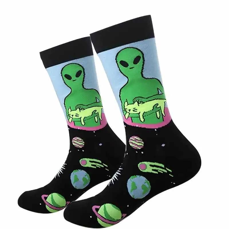 Trend Unisex Cartoon Cat Art Cow UFO Funny Alien Planet Comfortable Autumn Winter Creative Warm Cotton Halloween Party Socks
