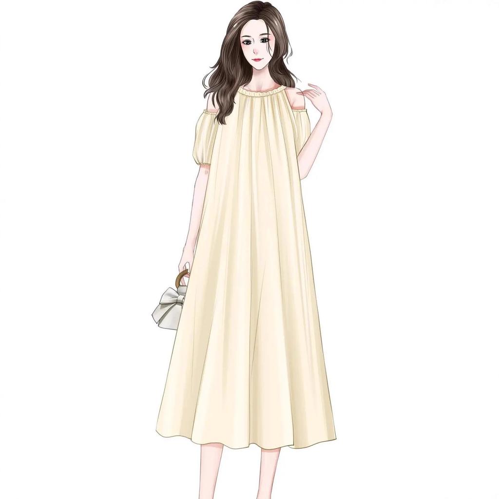 Summer French off-the-shoulder bubble sleeve dress, large size women's clothing, covering the belly and showing thinness, loose temperament medium an