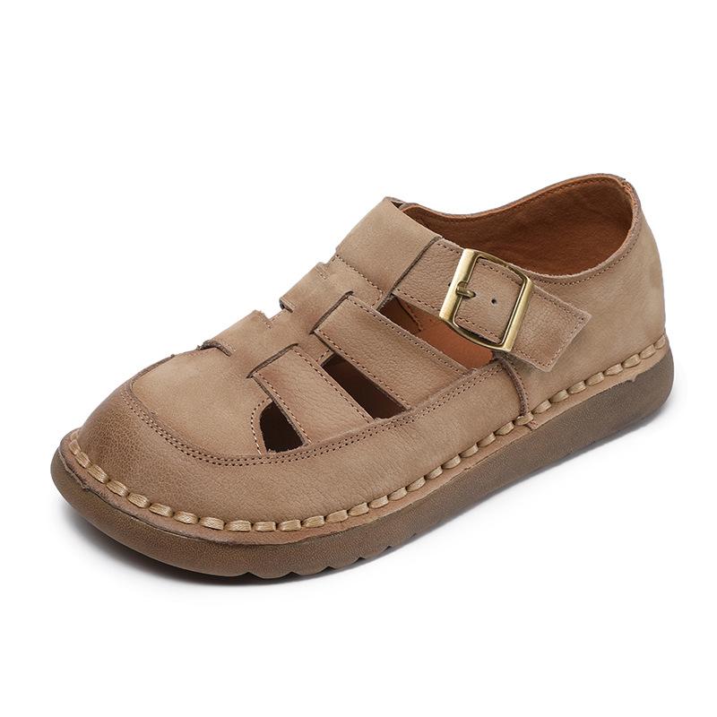 Johnature Genuine Leather Retro Round Toe Sandals Hollow-out Breathable Versatile Women's Flat Shoes