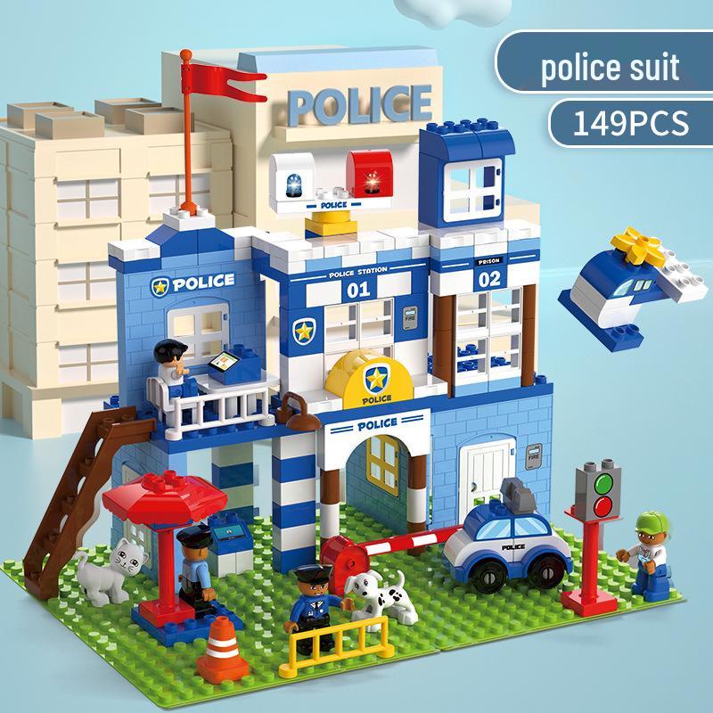 Children's Educational Building Blocks - Police and Fire Station Set with Engineering Vehicles, Large Pieces, Ideal Gift for Boys