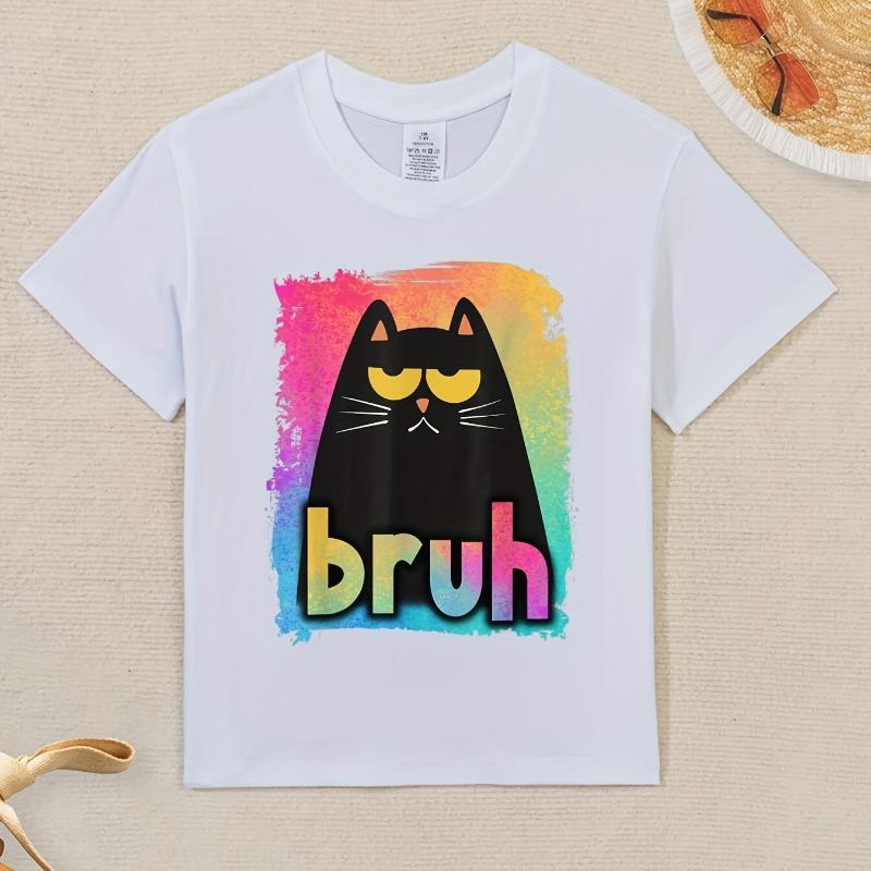 Children Crew Neck Short Sleeve T-Shirt with Cartoon Black Cat & Bruh Letter Print 110 белый