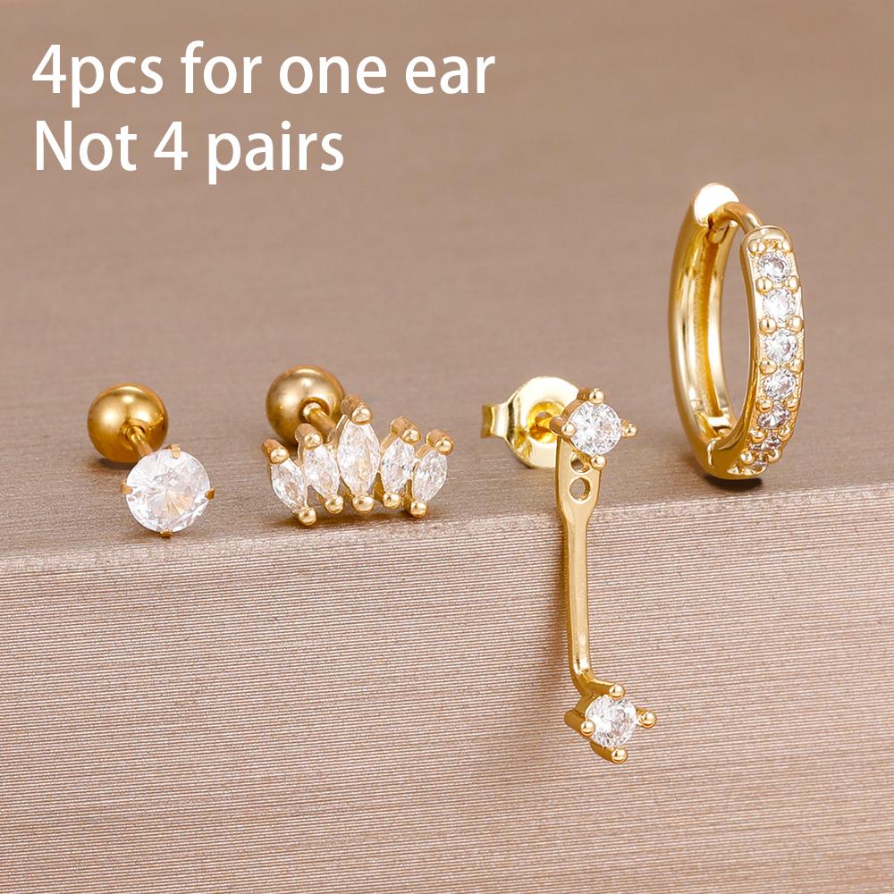 4-teiliges Set Huggie Hoop Ohrringe aus Edelstahl für Damen, Goldfarbe, Einzigartige Zirkonia Blume Ohrstecker Piercing Schmuck