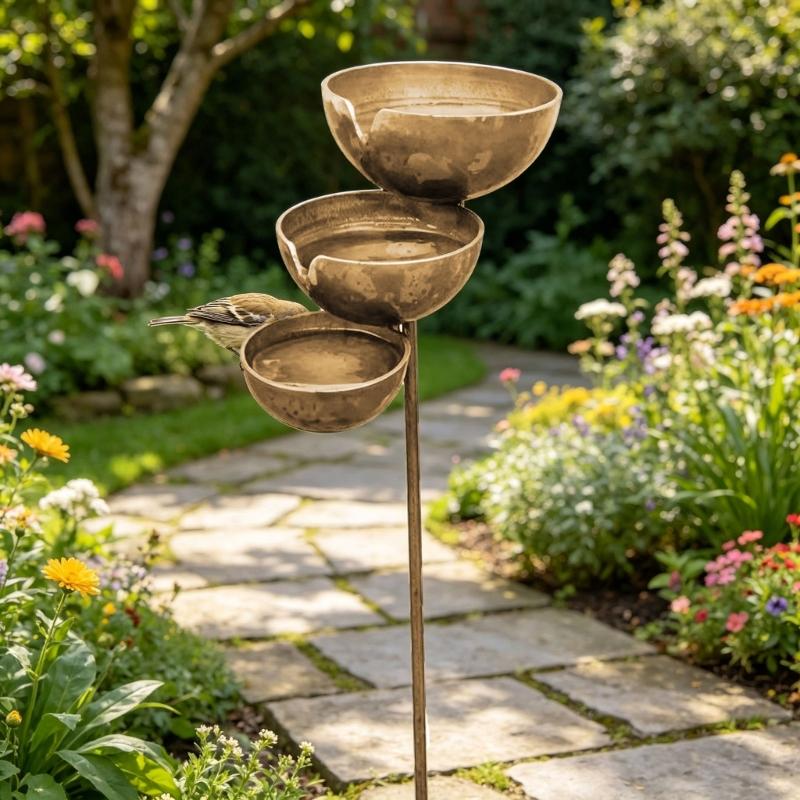 Weathered Metal Bird Water Feeder Outdoor Iron Water Dispenser Metal Rain Collection Bird Bath 3-Layer Rain Catchers Garden Stake