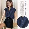 short office summer [Narebualo Cietupoop] Shirts, blouses, women's tops, sleeves, stand-up collar, plain, layering, frills, thin, versatile,