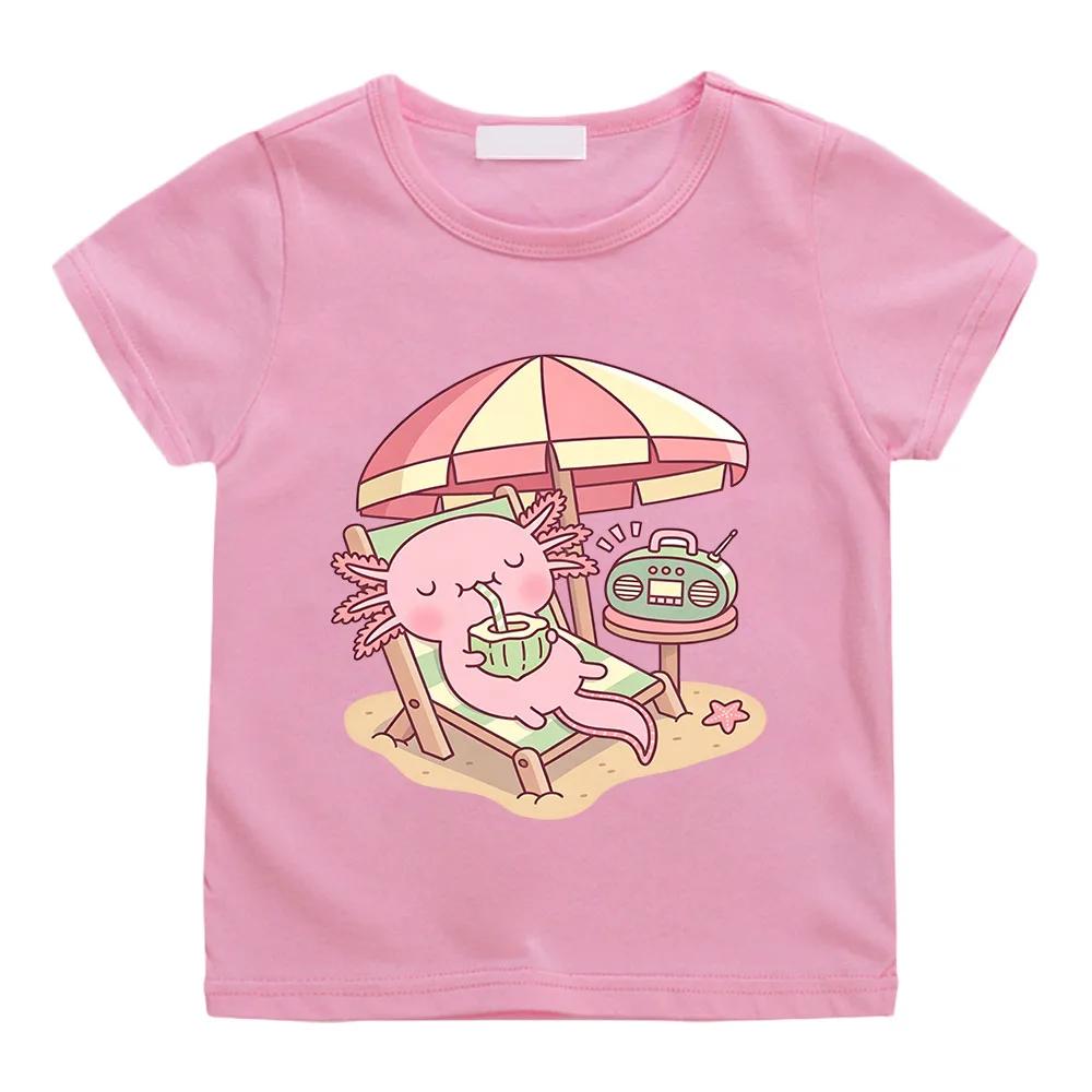 Cute Axolotl Childrens Tshirts 100cotton Drinking Coconut Water on The Beach  Funny Print Short Sleeve Boys Girls Tees Summer
