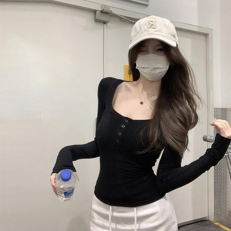 Pure Desire Spice Girl Tight U-neck Long-sleeved T-shirt Women's Autumn and Winter New Inner Cover, Slim and Thin Short Top