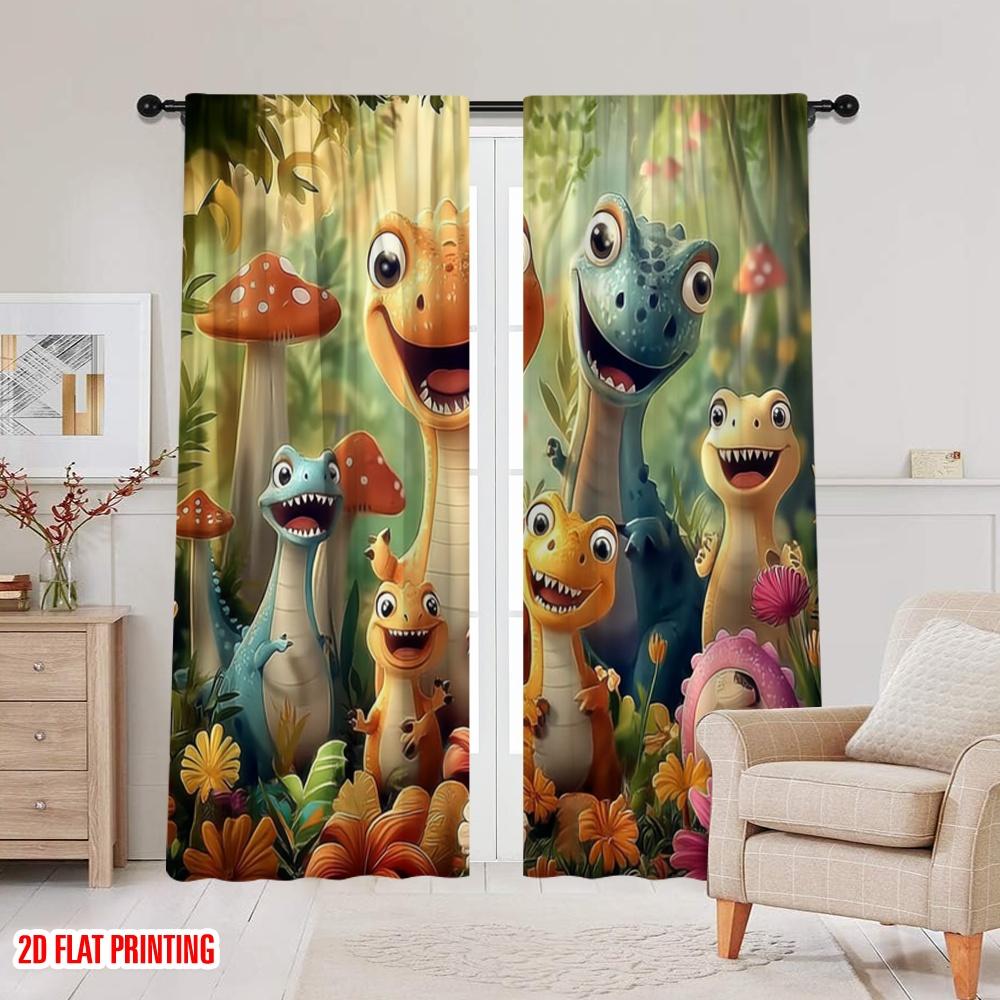 2pcs,2D Plane Printing Curtain Fabric Dinosaur Friends Versatile Polyester Fabric (without Rod) Gifts Use for Living Room,
