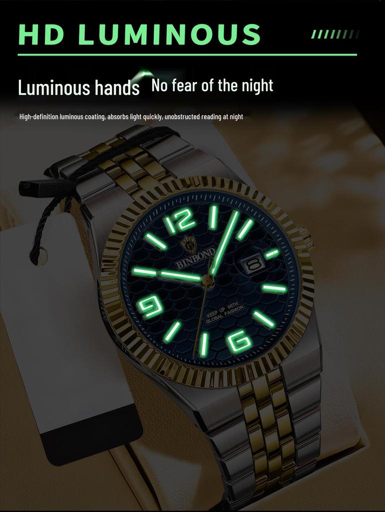Binbang BINBOND Men's Luminous Waterproof Watch with Calendar and Large Dial