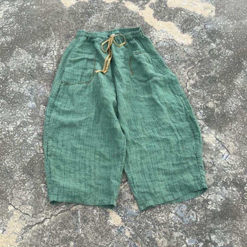 Johnature Women Vintage Striped Wide Leg Pants Patchwork Pockets Elastic Waist Trousers Autumn Loose Belt Pants