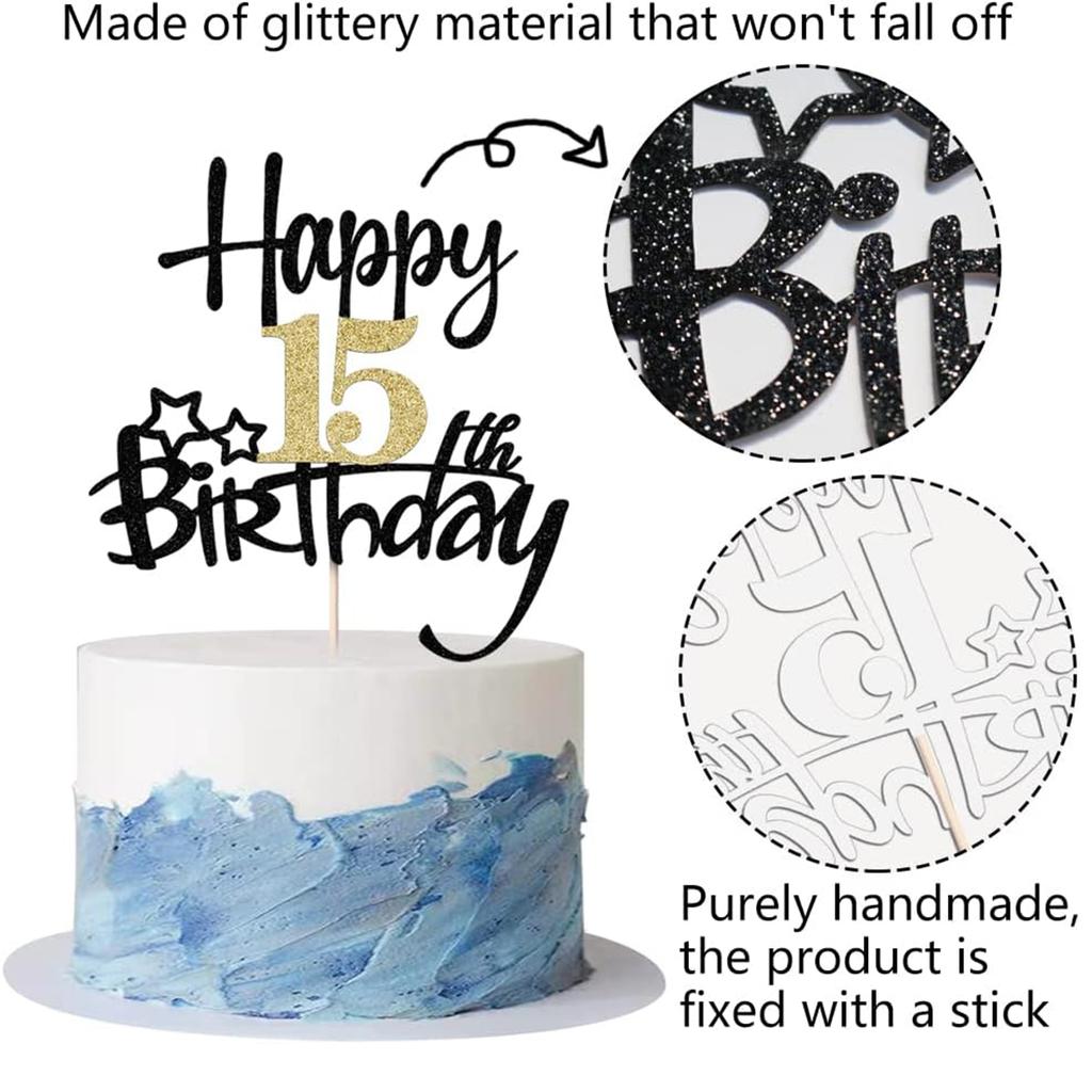 2 STÜCKE Gold Schwarz Happy15th Birthday Cake Topper für Geburtstagstortendekorationen für Jubiläumsfeier Dekorationen Zubehör