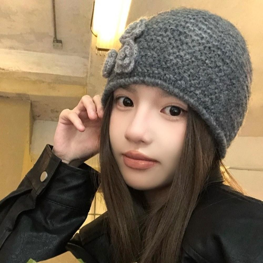 Solid Color Knitted Woolen Hat Elastic Flower Beanie Hat Sweet Winter Warm Hat  Women