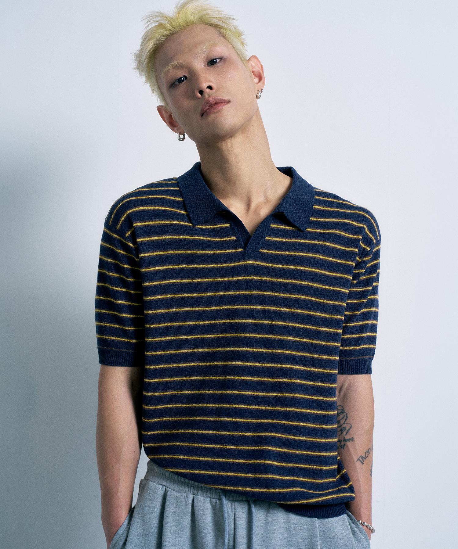 Fernob Striped Short-Sleeve Collared Knit Navy/1