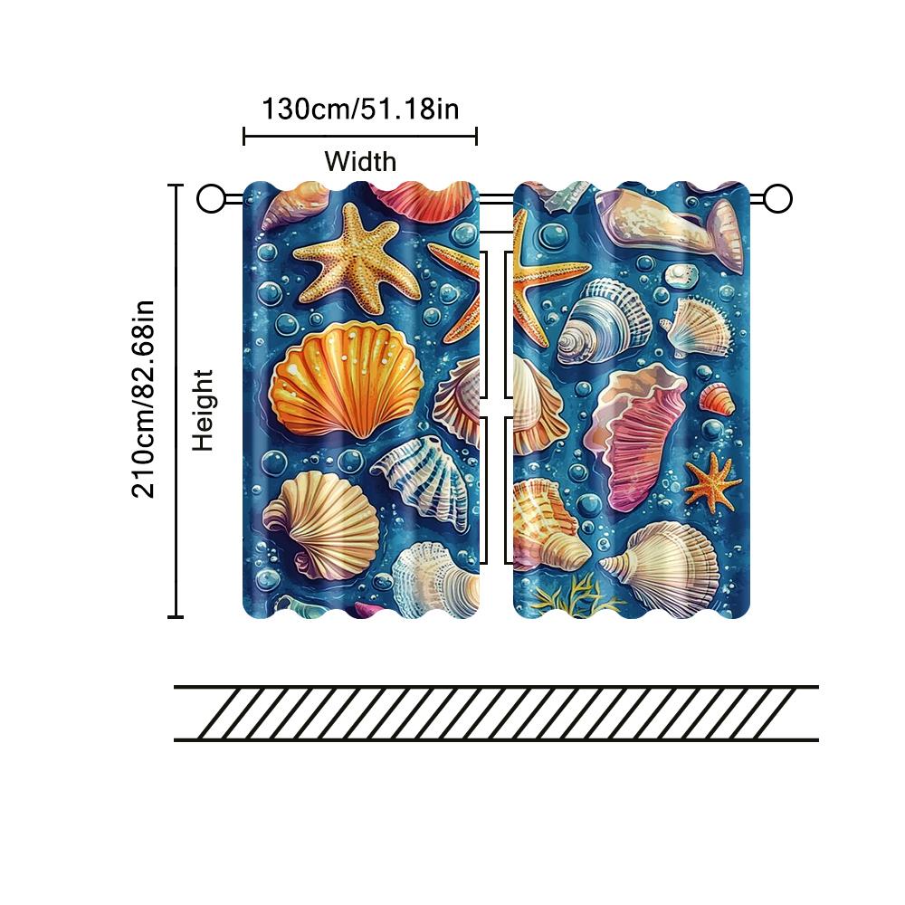Set Of 2 Filtering Curtains Excluding Rods Non Movable Without Batteries Colored Starfish Shells Blue Curtain Polyester