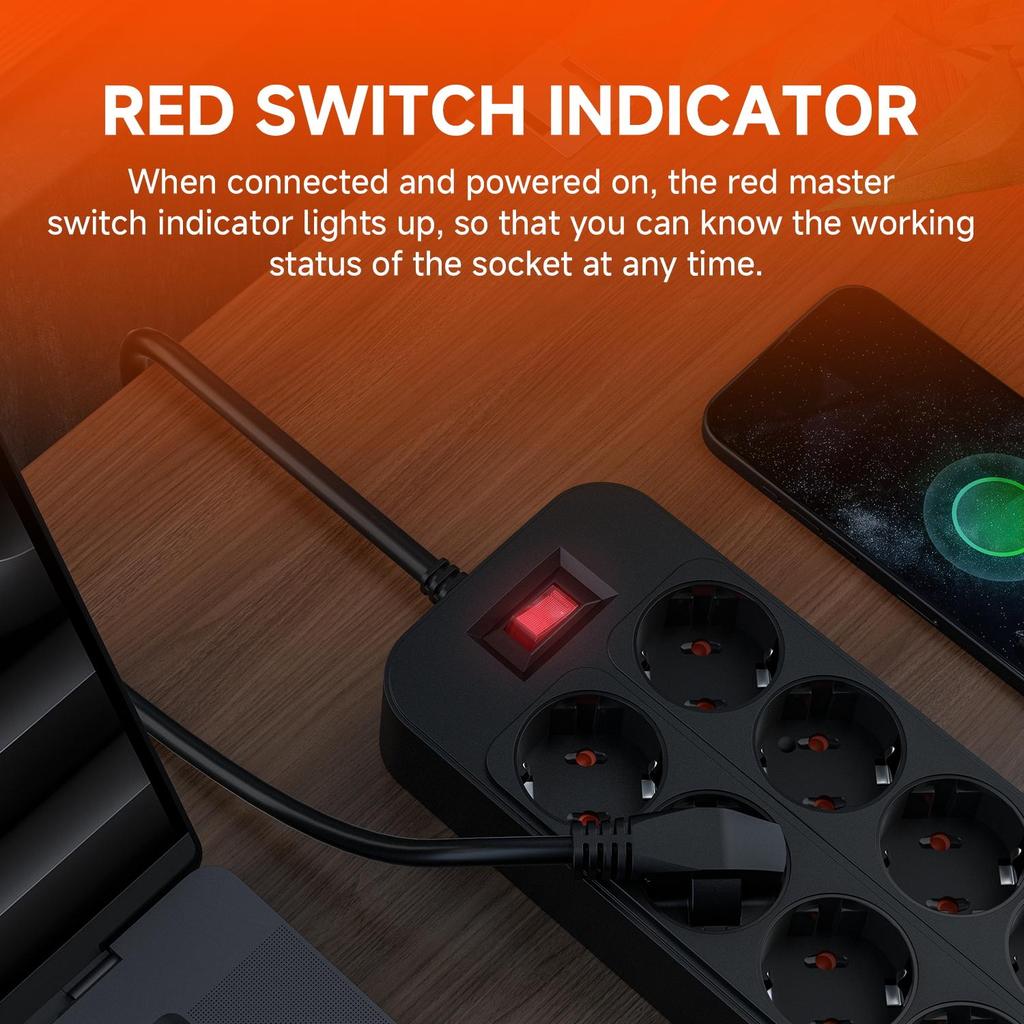 3680W EU zástrčka 10 AC zásuviek rozvodka 1,8m predlžovací kábel európska štandardná zástrčka zásuvka sieťový filter s USB C portami nabíjanie