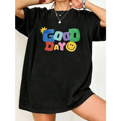 Übergroßes T-Shirt Schwarz Guten Tag Bunter Druck und Smile-Gesicht Grafik Freizeitkleidung für Damen Sommer-Outfit Streetstyle Mode Oberteil