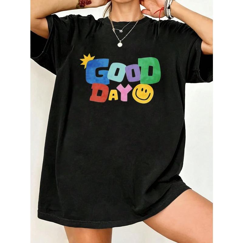 Oversized T Shirt Black Good Day Colorful Print And Smile Face Graphic Casual Wear For Women Summer Outfit Street Style Fashion Top