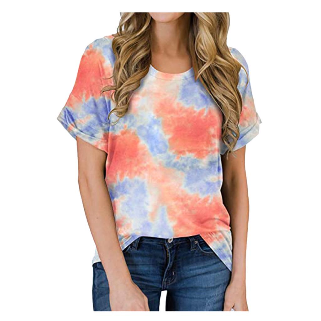 Kvinners rundhals kortermet Tie-Dye Print Uformell løs topp T-skjorte bluse