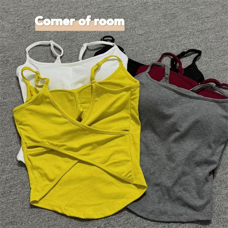 Women Solid Bright Yellow V Neck Crop Camisole, Adjustable Spaghetti Strap Cross Wrap Back Ruched Slim Fit Sleeveless Summer Tank Top
