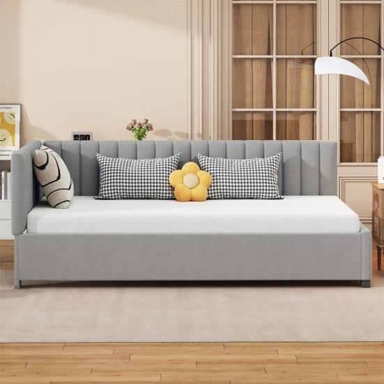 Low Daybed Upholstered Sofa Bed 90x200CM Slatted Frame Velvet Fabric Sleeping Couch Modern Grey Beige Living Room Single Day with Sponge Filling