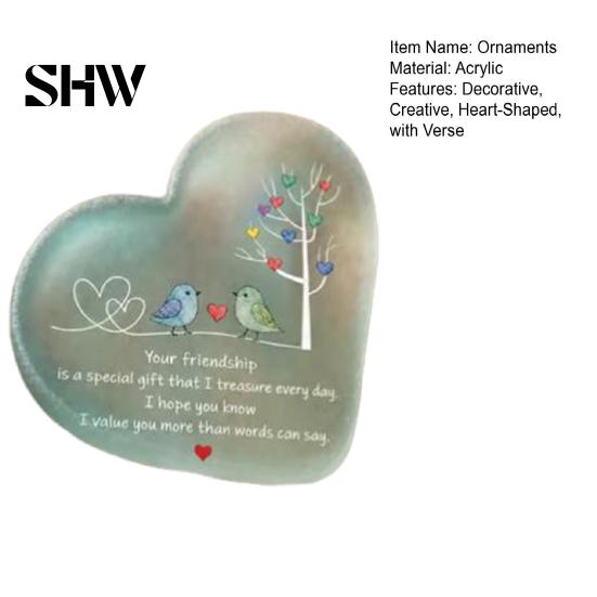 Romantic Heart Decor for Room Shape Acrylic Friendship Ornament with Engraved Verse & Bird Tree, Desktop Decorative Bedside Table Art Home Office
