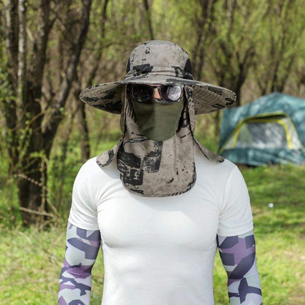 Wide Brim Men Sun Hat with Shawl Veil Camouflage Caps Mask Set Fisherman Hat  Unisex