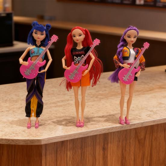3Pcs Kpop Hunter Girl Doll with Guitar Accessories Animated Movie Character Collectible Toy Movable Joints Girl Action Figure Decoration Ornament