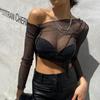 Fashion Spring/Summer One-Shoulder Cold-Shoulder Sexy Mesh See-through Crop-Top Short Top Nightclub Long Sleeves T-shirt Sun Protection Shirt Women