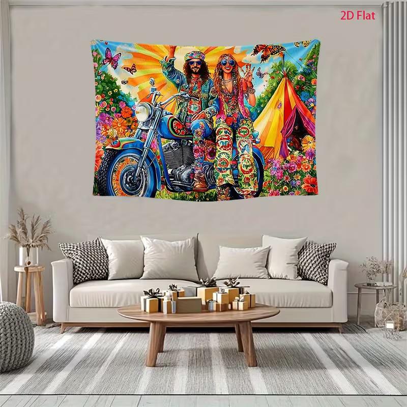 2D Flower Power Hippie Backdrop, 60s 70s Couple on Motorcycle Background for Themed Party