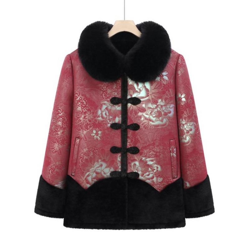 

Middle-aged mother winter coat piled thickened fur collar coat imitation fur integrated grandma autumn and winter clothes 1XL [recommended 80-50kg]