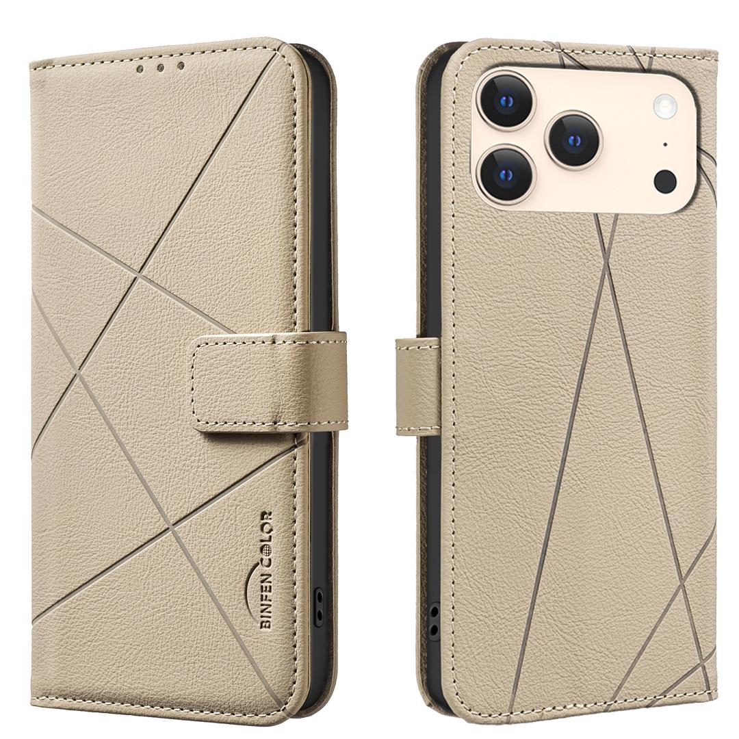 

For iPhone 17 Pro Case BINFEN COLOR BF35 Geometry Imprinted Leather Phone Cover RFID Blocking Wallet Stand Beige