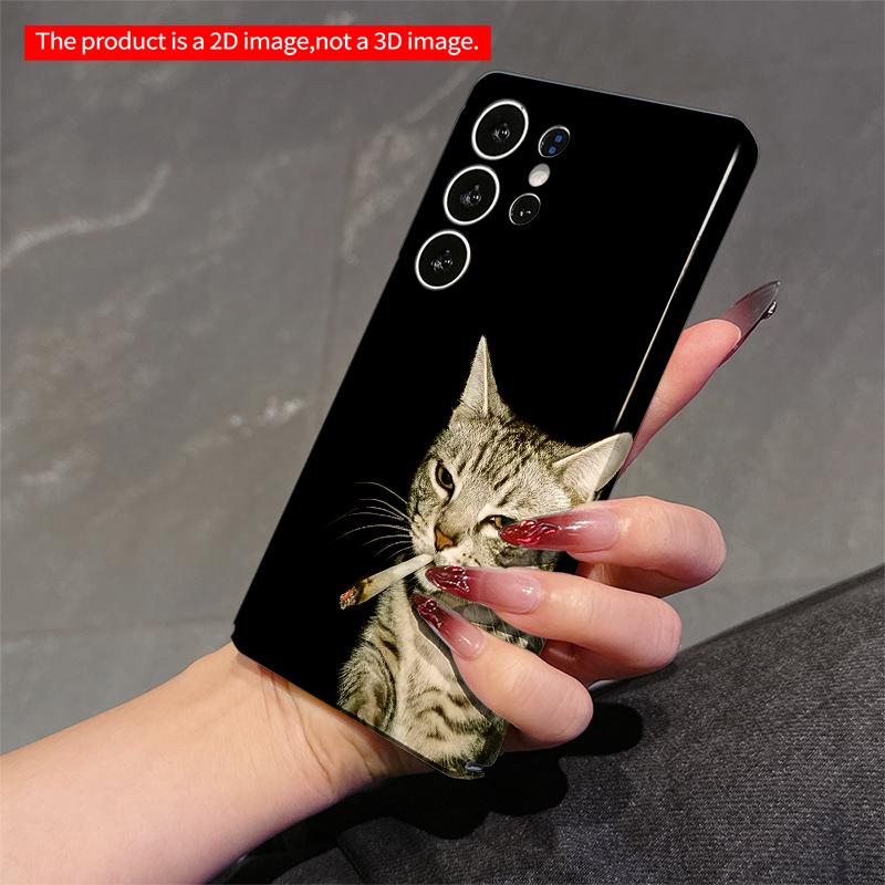 2DFlat Samsung Phone Case Smoking Tabby Cat Phone Case Applicable To Galaxy S22 S23 S24 S25ULTRA S26 A12 A13 A14 A15 A16