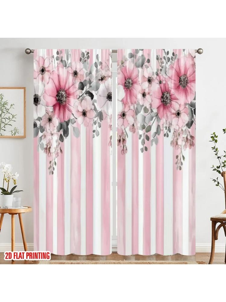 

Plane Printing Curtain Popular Floral Harmony Stripes Versatile Durable Polyester Without Rod Art Deco Festive W100*H70(CM)-Rod Pocket&2PCS