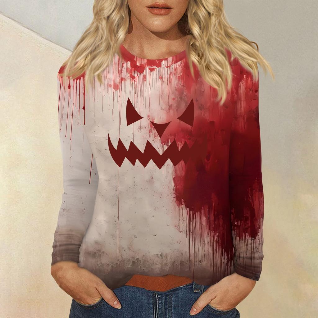 Haut Pull-over Décontracté Mode Femme Imprimé Halloween Col Rond Manches Longues