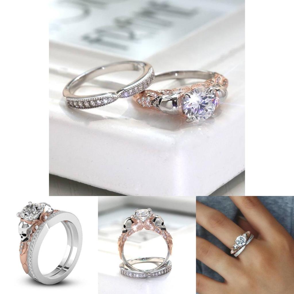 Creative Fashionable Couples Skull Ring With Dual Color Diamond Design In Alloy Material
