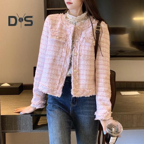 ז'קט נשים בסגנון סלבריטאי סוג קצר צווארון עגול שרוולים ארוכים קרדיגן עם חזה יחיד מעיל קרוע בגדי עליונים לסתיו חורף