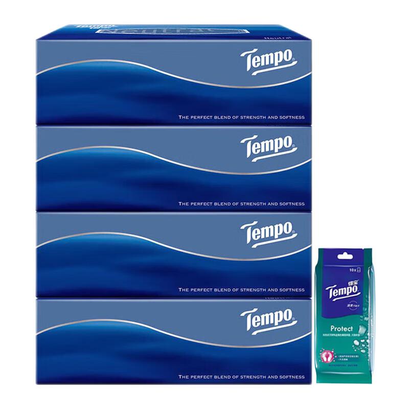 Tempo 3-Ply Facial Tissues (4 Boxes) with Wet Wipes