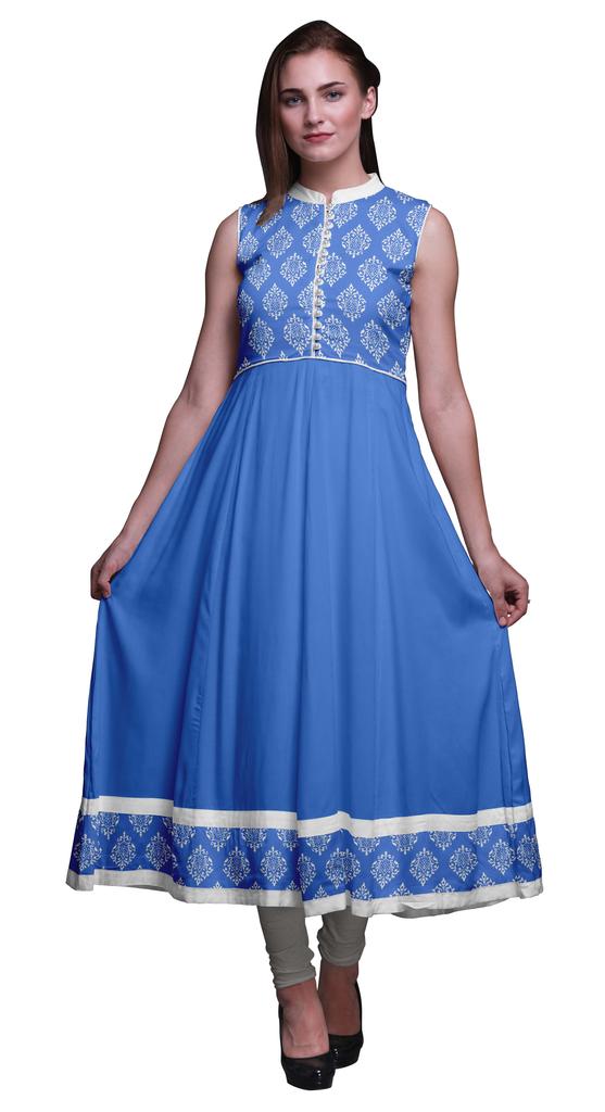 Bimba Blue Damask Indian Kurtis For Women Solid Readymade Anarkali Dress Printed Indian Kurti