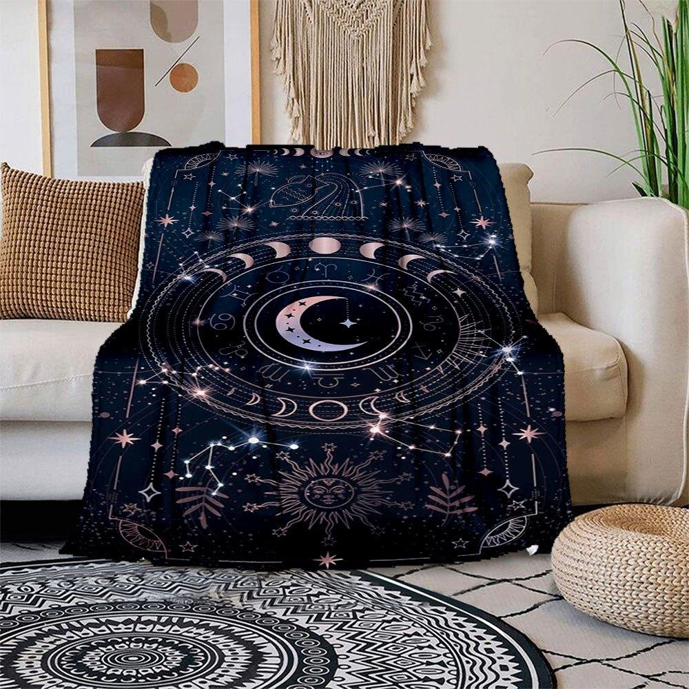 Bohemian Moon Phase Zodiac Wall Art Print Blanket Flannel Throw Blanket for Sofa, Bed, Travel, Camping, Office 100x150cm
