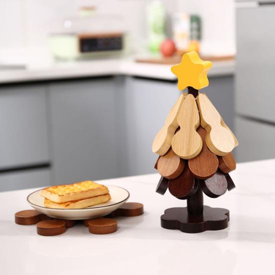 Tree Shape Wooden Trivets Set Foldable Kitchen Coasters Creative Heat Resistant Hot Pot Holders Decorative Placemat for Home Kitchen Restaurant