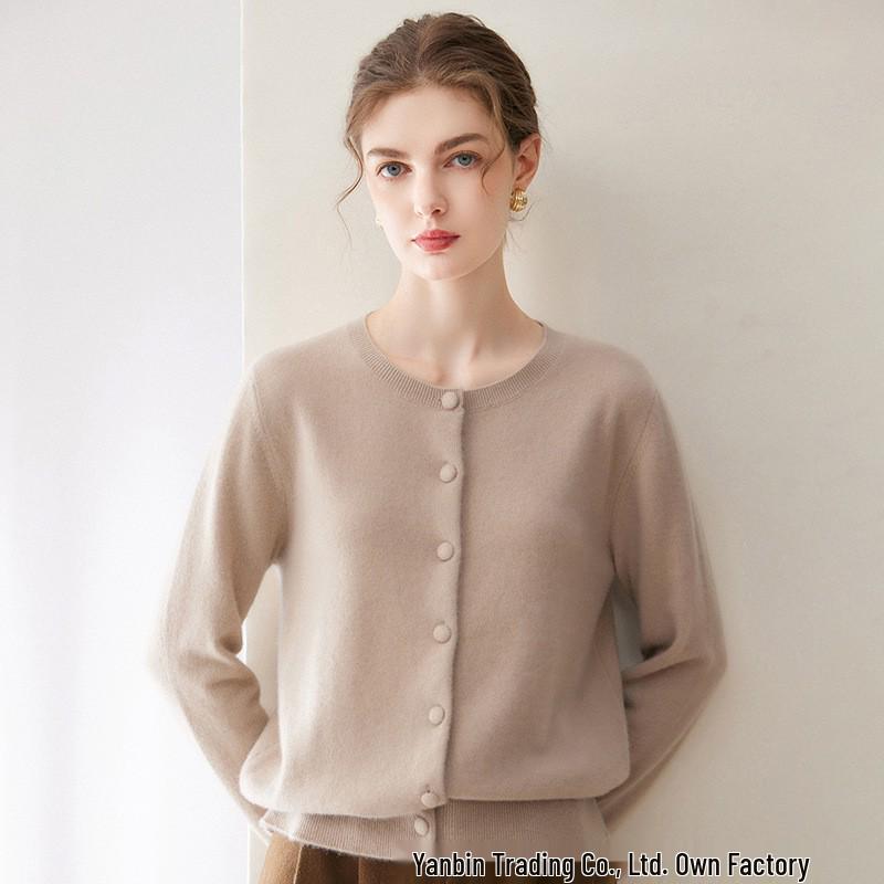 Women's Pure Cashmere Button-Up Round Neck Cardigan Sweater - Autumn/Winter Collection